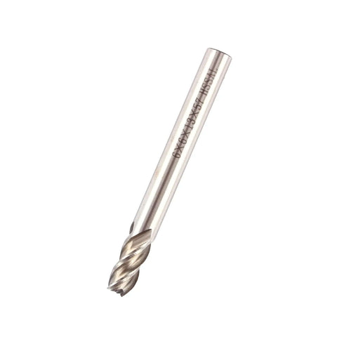 Close-up of end mill cutter, 6mm, 4-flute, straight shank, HSS milling bit
