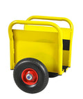 Built Like A Tank Heavy Duty Drywall Door Dolly With Snappy Auto Clamp And Smooth Rolling Ten Inch Solid Rubber Wheels Premium Steel Sheet Carrier, yellow frame and large tire.