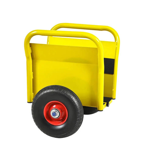 Built Like A Tank Heavy Duty Drywall Door Dolly With Snappy Auto Clamp And Smooth Rolling Ten Inch Solid Rubber Wheels Premium Steel Sheet Carrier, yellow frame and large tire.