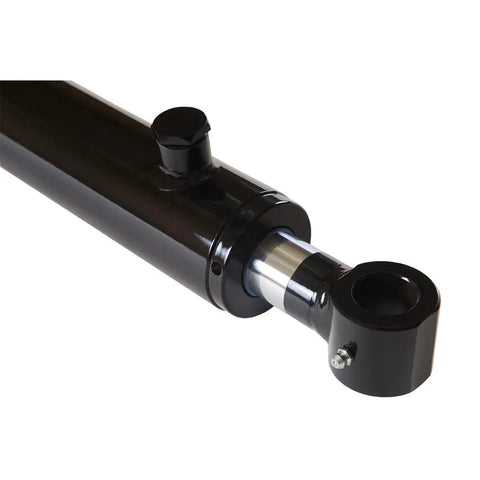 Close-up of Double Acting Hydraulic Cylinder Tang Style Universal 2 Inch Bore 18 Inch Stroke 1.25 Inch Rod Diameter Welded Heavy Duty
