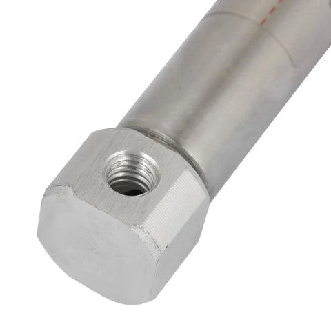 Close-up of high performance 10mm bore double acting stainless steel pneumatic cylinder with 30mm stroke for automation and heavy duty use.