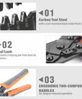Pro Grade Open Barrel Crimp Tool For Molex AMP TYCO Deutsch Terminals 24 14 AWG showing carbon tool steel and ergonomic handles