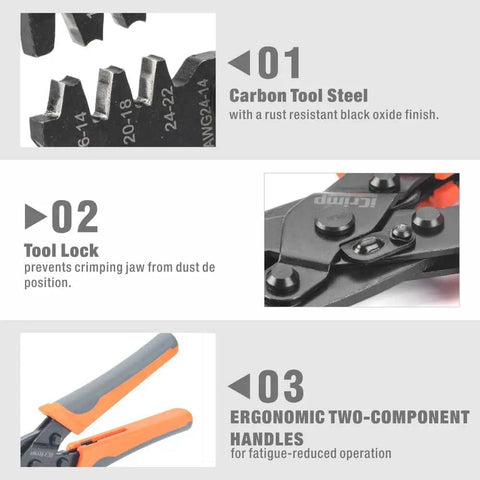 Pro Grade Open Barrel Crimp Tool For Molex AMP TYCO Deutsch Terminals 24 14 AWG showing carbon tool steel and ergonomic handles