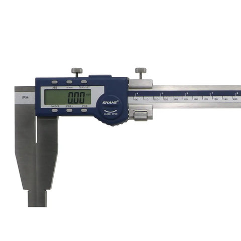Electronic Digital Vernier Micrometer Caliper with 0 to 500mm range, stainless steel jaws, IP54 waterproof, large LCD display, side view