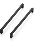 Close-up of two matte black cabinet pulls from 30 Pack Solid 7-1/2 Inch Kitchen Square Cabinet Handles Matte Black Pulls For Drawers And Cabinets Flat Black Kitchen Hardware Center-To-Center 7-1/2 Inch Fit Modern Durable Zinc Alloy Pulls, angled view.