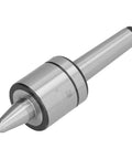 Side view of MK2 lathe live center, steel body with 60° Morse taper and pointed tip.