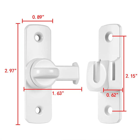 Heavy Duty Aluminum Gate Lock Plus Adjustable Barn Door Latch Featuring Smooth 90 To 180 Degree Swing, white latch dimensions shown.