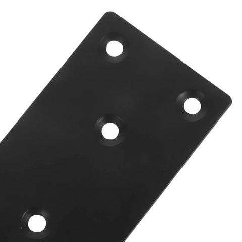 Close-up of black Beefy Heavy Duty Flat Plate Corner Brackets with holes, 10x5cm, for tables and chairs, deformation resistant steel