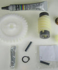Beefed Up Helical And Worm Gear Kit For Garage Door Opener Black Part Number HAE00047 components with grease tube and fittings