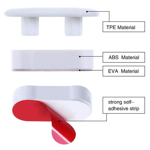 Diagram showing Toilet Seat Bumper For Bidet Attachment With Strong Adhesive White 4 Pack, highlighting TPE and ABS materials and adhesive.