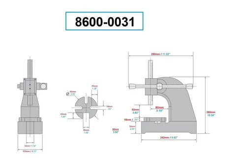 Diagram of Heavy Duty Arbor Press 0.5 Ton Capacity With 4.33 Inch Max Height and Removable Anvil with dimensions