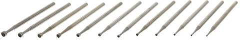 Cup Bur Assortment 12 Piece Set for Precision Machining and Power Tool DIY Pro Grade Swiss Vanadium Steel 3/32 Inch Shanks on Display