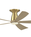 Fanimation Kute5 52 In Flush Ceiling Fan, Satin Brass, Natural, Light with 5 wooden blades and integrated LED light.