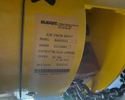Budgit 1/2-ton air chain hoist, yellow industrial pneumatic hoist with label
