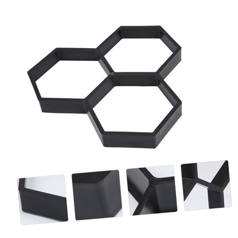 Hexagon Concrete Paving Mold Kit For DIY Projects Pro Grade with interlocking hexagonal molds for patios, black.