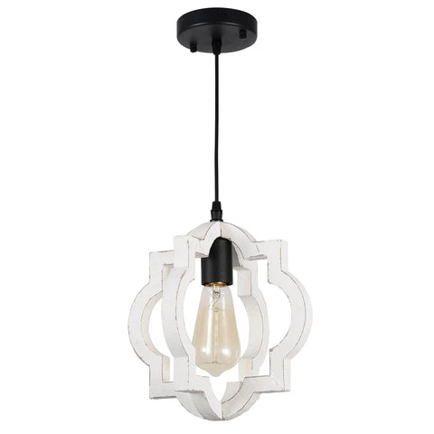 Farmhouse Chandelier Pendant Light With Distressed White Wood And Black Accent Adjustable Height One Light Rustic Dining