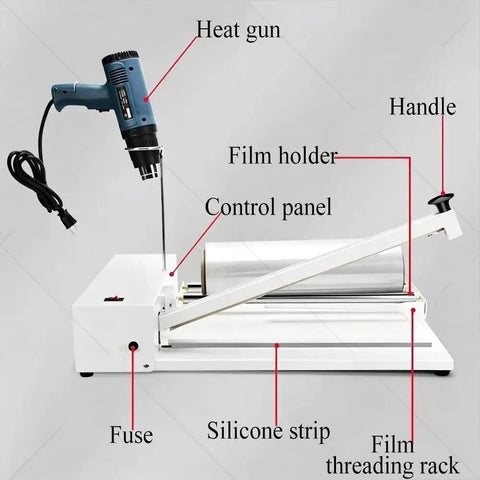 Heavy Duty Shrink Wrap Machine Sealer For POF And PVC Film With Heat Gun And 9 Temp Levels showing heat gun and control panel.
