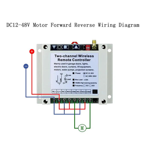 Wireless 2 Channel 30A Relay Remote Control Switch for 12V 24V 36V Motors With Forward And Reverse front view wiring diagram