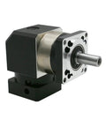 90 Degree Right Angle Planetary Gear Reducer Compatible With Nema 23 Stepper Motors Heavy Duty Aluminum Housing Featuring 50 To 1 Reduction Ratio And 22 Mm Input Shaft Runs Butter Smooth, side view with silver and black finish.