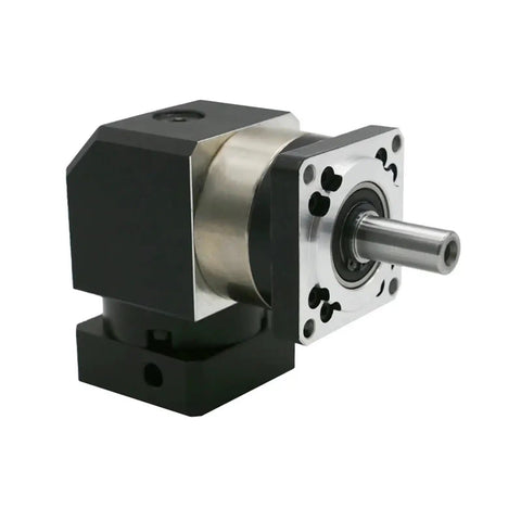 90 Degree Right Angle Planetary Gear Reducer Compatible With Nema 23 Stepper Motors Heavy Duty Aluminum Housing Featuring 50 To 1 Reduction Ratio And 22 Mm Input Shaft Runs Butter Smooth, side view with silver and black finish.