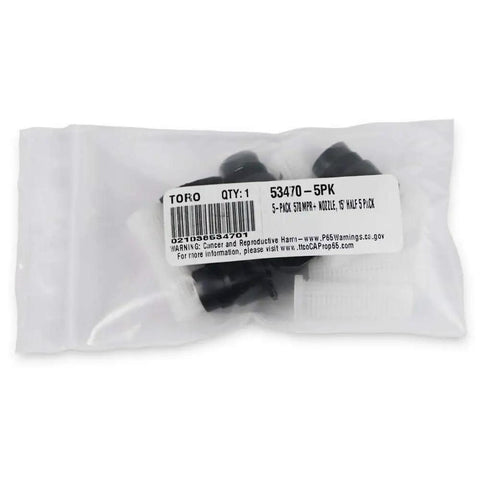 5 Pack 15 Ft 180 Degree Sprinkler Nozzles With MPR And Preinstalled Pressure Compensating Device in packaging.
