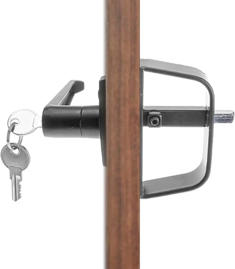 Top Notch 5 1/2 Inch Shed Door Lock L Handle Kit With Two Keys shown installed on a wooden door with a key.