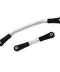 Beefy Stainless Steel Steering Link With Plastic Rod Ends For 1 24 RC Crawler Axial SCX24 C10 Deadbolt JLU Gladiator Dodge Power Wagon Bronco Silver Upgrade For Precise Steering And Durable Performance, showing two curved steel rods with black plastic ends.