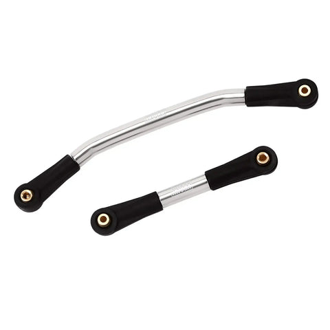 Beefy Stainless Steel Steering Link With Plastic Rod Ends For 1 24 RC Crawler Axial SCX24 C10 Deadbolt JLU Gladiator Dodge Power Wagon Bronco Silver Upgrade For Precise Steering And Durable Performance, showing two curved steel rods with black plastic ends.