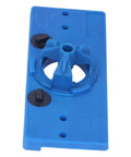 Blue ABS plastic 35mm hinge hole-saw drilling guide jig with circular bore and adjustment knobs