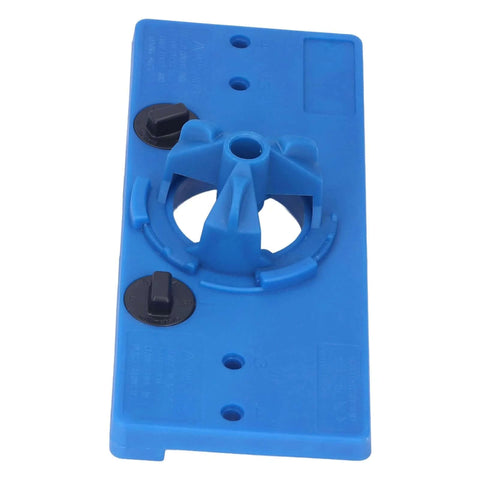Blue ABS plastic 35mm hinge hole-saw drilling guide jig for woodworking, front view