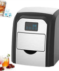 Compact Countertop Ice Maker Whips Up Quick Chill Cubes In Minutes Flat, features digital panel and sleek stainless steel design.