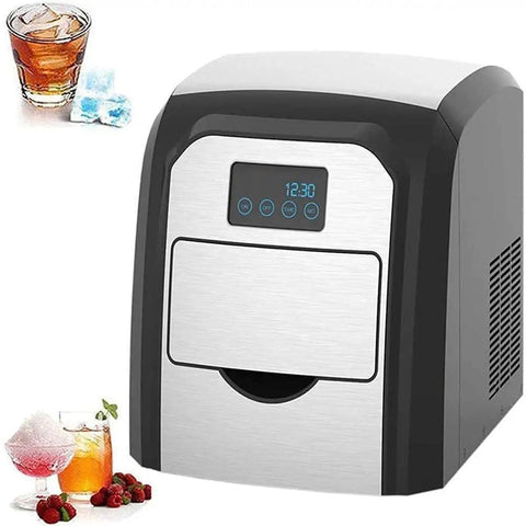 Compact Countertop Ice Maker Whips Up Quick Chill Cubes In Minutes Flat, features digital panel and sleek stainless steel design.
