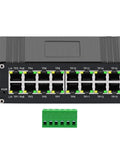 Front view of Beefy 16 Port Gigabit PoE Plus Switch with 30W per port and 360W budget, dual redundant power inputs.