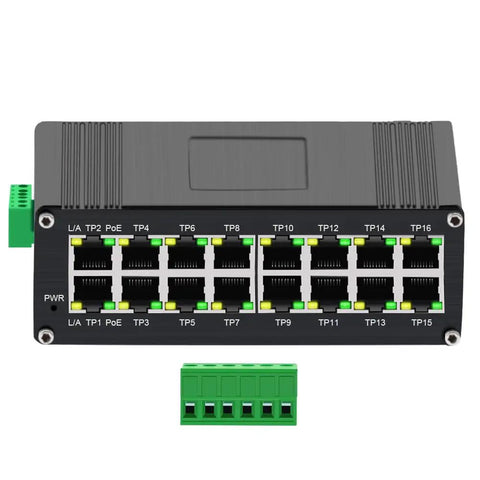 Front view of Beefy 16 Port Gigabit PoE Plus Switch with 30W per port and 360W budget, dual redundant power inputs.