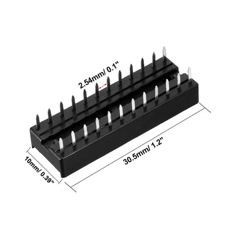 Two Row DIP IC Socket Adaptor 24 Pin Soldering Type, 2.54mm Pitch, 7.62mm Row Spacing with Flat Pins, Durable Plastic Metal