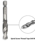 Close-up of Six Piece Drill Tap Combination Bit Set With 1/4 Inch Hex Shank for 1/8 to 3/8 Inch Sizes showing spiral screw thread