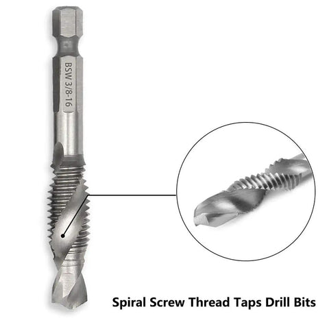 Close-up of Six Piece Drill Tap Combination Bit Set With 1/4 Inch Hex Shank for 1/8 to 3/8 Inch Sizes showing spiral screw thread