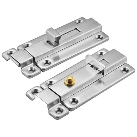 Door Latch for Gates Stainless Steel Spring Loaded Safety Lock with silver finish and brass accent for secure locking.