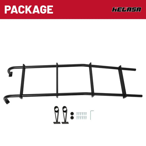 Rugged Lightweight Aluminum Ladder Rack For Ford E Series Vans And Chevy GMC Vans With Black Ladder Hook Durable Roof Carrier Weatherproof Finish Easy Install Beefy Strength Construction, black ladder rack package with hardware