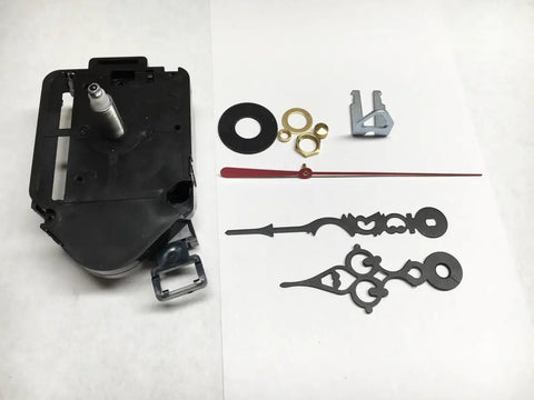 Replacement Battery Clock Pendulum Movement With 1 Inch Shaft Fits Five Eighth Inch Dial DIY Clock Assembly Kit components laid out