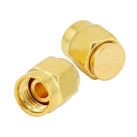 Gold-plated RF connector dust cap from 12 Pack SMA Plug Dust Cap For SMA Female Jack Gold Plated RF Coaxial Connector Protective Cap Guard For Your Coaxial Gear Up To 18 GHz Low Reflection And Top Notch Shielding Accessories, shown in gold metallic finish.