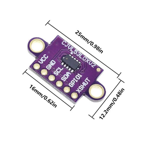 Front view of Dope Time Of Flight VL53L0X Laser Ranging Sensor Breakout Module I2C for Distance Measurement, purple board with dimensions.
