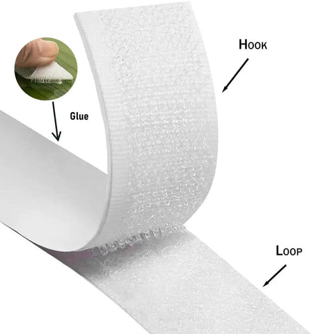 Slick White Hook And Loop Tape With Hella Strong Self Adhesive Backing For No Fuss Quick Fixes Carpet Nets And Craft Projects That Totally Stay Put showing hook and loop sides with labels.