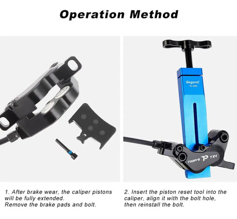 Hydraulic Disc Brake Caliper Piston Press Tool With Flat Push Design for ceramic pistons in Shimano XTR SRAM Ultimate brakes operation method