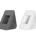 Gray and white desktop enclosure stand for NSPanel Pro converting wall mount to desk setup, durable PC shell, side view