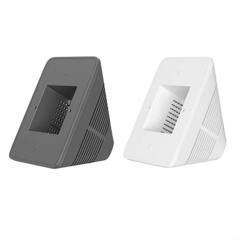 Gray and white desktop enclosure stand for NSPanel Pro converting wall mount to desk setup, durable PC shell, side view