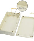 Built Tough IP65 Waterproof Junction Box Durable ABS Plastic Electrical Enclosure for DIY with measurements and light gray finish.