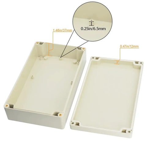 Built Tough IP65 Waterproof Junction Box Durable ABS Plastic Electrical Enclosure for DIY with measurements and light gray finish.