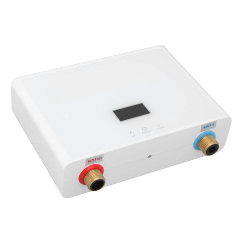 Compact Tankless Electric Water Heater With Remote Control For Instant Straight Up Hot Water At 3000 Watts No Preheating Needed, front view.