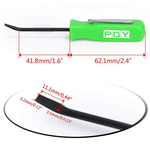 Mini Pocket Pry Bar Set of 3 With Pocket Clip in Green, 4.4 Inch Length, close-up of tip dimensions and handle side view